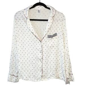 Splendid White Polka Dot Button Front Blouse Medium Long Sleeve Pajama Top